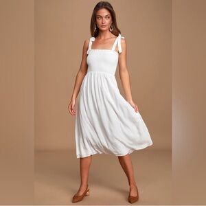 Lulus Looking Up White Smocked Tie-Strap Midi Dress Prairie Cottagecore Farm L